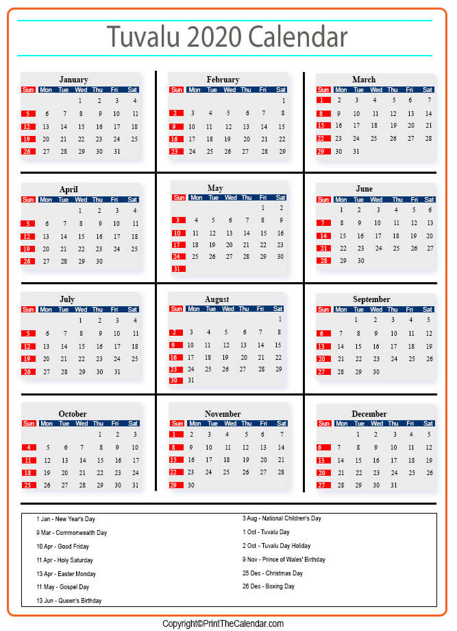 Tuvalu Calendar 2020